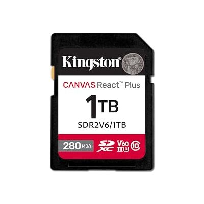 Kingston Canvas React Plus V60 SD 1TB SDXC UHS-II 280R/150W U3 V60 voor Full HD/4K Kingston Canvas React Plus V60 SD 1TB SDXC UHS-II 280R/150W U3 V60 voor Full HD/4K