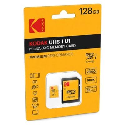 Kodak Micro SD-kaart 128 GB UHS-I U1 V10 A1 microSDHC/XC Micro SD-geheugenkaart Leessnelheid 85MB/s Max Schrijfsnelheid 25MB/s Max Extra geheugen voor smartphone/tablet Kodak Micro SD-kaart 128 GB UHS-I U1 V10 A1 microSDHC/XC Micro SD-geheugenkaart Leessnelheid 85MB/s Max Schrijfsnelheid 25MB/s Max Extra geheugen voor smartphone/tablet