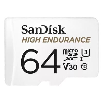 SanDisk High Endurance 64 GB microSDHC-kaart SD-adapter voor thuis- of dashcam-videobewaking tot 100 MB/s lezen en 40 MB/s schrijven, klasse 10, U3, V30 SanDisk High Endurance 64 GB microSDHC-kaart SD-adapter voor thuis- of dashcam-videobewaking tot 100 MB/s lezen en 40 MB/s schrijven, klasse 10, U3, V30