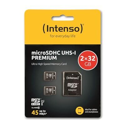 Intenso Micro-SDHC-geheugenkaart (2 x 32 GB, klasse 10, UHS-I, met SD-adapter tot 90 MB/s) zwart Intenso Micro-SDHC-geheugenkaart (2 x 32 GB, klasse 10, UHS-I, met SD-adapter tot 90 MB/s) zwart