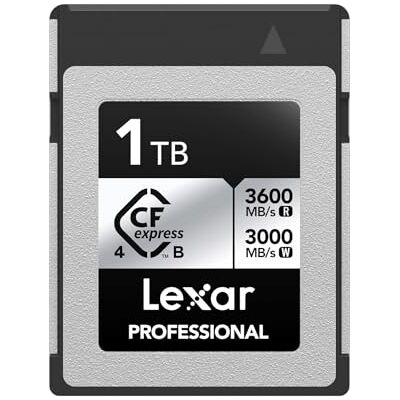 Lexar CFexpress 4.0 Type B Silver Series 1 TB, Tybe B-kaart tot 3600 MB/s lezen, 2600 MB/s schrijven, CF-geheugenkaart voor 8K ruwe video, DSLR, achterkant met XQD-camera Lexar CFexpress 4.0 Type B Silver Series 1 TB, Tybe B-kaart tot 3600 MB/s lezen, 2600 MB/s schrijven, CF-geheugenkaart voor 8K ruwe video, DSLR, achterkant met XQD-camera