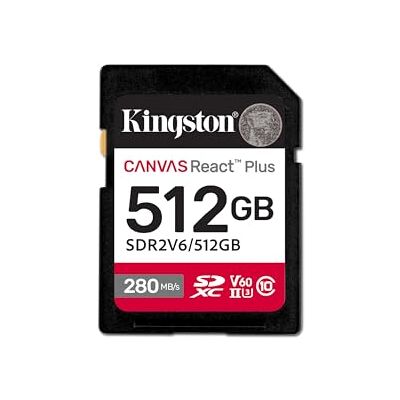 Kingston Canvas React Plus V60 SD 512GB SDXC UHS-II 280R/150W U3 V60 voor Full HD/4K Kingston Canvas React Plus V60 SD 512GB SDXC UHS-II 280R/150W U3 V60 voor Full HD/4K