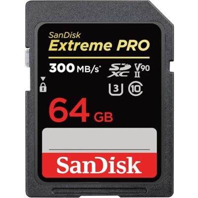 SanDisk Extreme PRO SDXC geheugenkaart 64 GB tot 300 MB/s, UHS-II, klasse 10, V90, U3 SanDisk Extreme PRO SDXC geheugenkaart 64 GB tot 300 MB/s, UHS-II, klasse 10, V90, U3