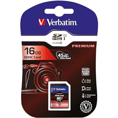 Verbatim Premium SDHC U1 geheugenkaart, 16 GB, SD-kaart voor video-opname in Full HD, kaart met geïntegreerde schrijfbescherming, zwart, voor camera, pc en meer Verbatim Premium SDHC U1 geheugenkaart, 16 GB, SD-kaart voor video-opname in Full HD, kaart met geïntegreerde schrijfbescherming, zwart, voor camera, pc en meer