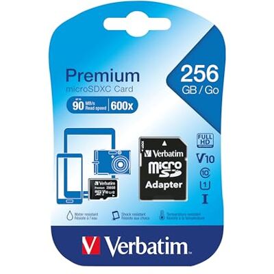 Verbatim Micro SDXC-geheugenkaart met 256 GB adapter voor foto- en video-opname, micro SD-kaart in zwart, ideaal voor mobiele telefoon, camera of tablet Verbatim Micro SDXC-geheugenkaart met 256 GB adapter voor foto- en video-opname, micro SD-kaart in zwart, ideaal voor mobiele telefoon, camera of tablet