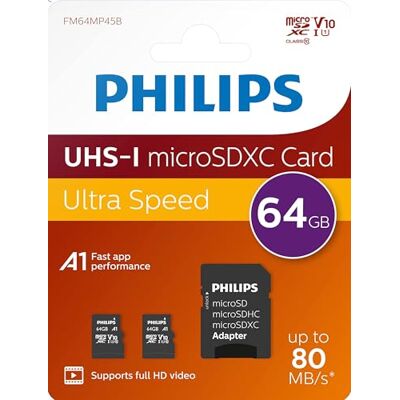 Philips FM64MP45D Micro SD 64 GB tot 80 MB/s microSDHC met SD-adapter A1 U1 C10 V10 2 stuks Philips FM64MP45D Micro SD 64 GB tot 80 MB/s microSDHC met SD-adapter A1 U1 C10 V10 2 stuks