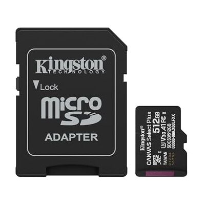 Kingston Canvas Select Plus microSD-geheugenkaart 512 GB microSDXC Gen3 150 MB/s A1 SD-adapter inbegrepen SDCS3/512 GB Kingston Canvas Select Plus microSD-geheugenkaart 512 GB microSDXC Gen3 150 MB/s A1 SD-adapter inbegrepen SDCS3/512 GB