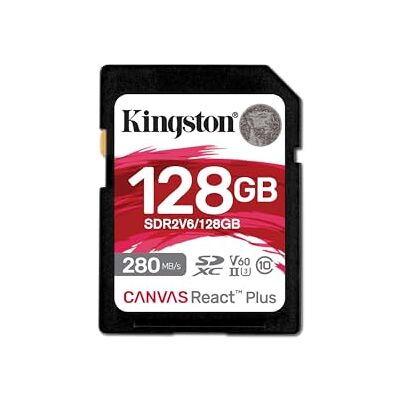 Kingston Canvas React Plus V60 SD-kaart 128GB SDXC UHS-II 280R/100W U3 V60 voor Full HD/4K Kingston Canvas React Plus V60 SD-kaart 128GB SDXC UHS-II 280R/100W U3 V60 voor Full HD/4K