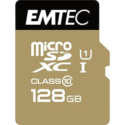 EMTEC ECMSDM128GXC10GP microSD-kaart klasse 10 Elite Gold serie UHS-I U1 met performance-adapter leessnelheid tot 85 MB/s zwart/goud 128 GB EMTEC ECMSDM128GXC10GP microSD-kaart klasse 10 Elite Gold serie UHS-I U1 met performance-adapter leessnelheid tot 85 MB/s zwart/goud 128 GB