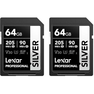 Lexar Professionele SD-kaart zilver 64 GB x 2, tot 205 MB/s lezen, 90 MB/s schrijven, SDXC UHS-I geheugenkaart, klasse 10, U3, V30, SD-kaart voor professionele fotografen, videografen Lexar Professionele SD-kaart zilver 64 GB x 2, tot 205 MB/s lezen, 90 MB/s schrijven, SDXC UHS-I geheugenkaart, klasse 10, U3, V30, SD-kaart voor professionele fotografen, videografen