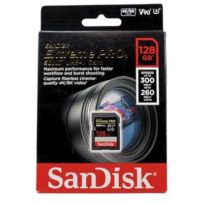 SanDisk Extreme PRO SDXC geheugenkaart 128 GB tot 300 MB/s, UHS-II, klasse 10, V90, U3 SanDisk Extreme PRO SDXC geheugenkaart 128 GB tot 300 MB/s, UHS-II, klasse 10, V90, U3