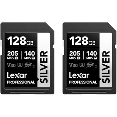 Lexar Professionele SD-kaart zilver 128 GB x 2, tot 205 MB/s lezen, 140 MB/s schrijven, SDXC UHS-I geheugenkaart, klasse 10, U3, V30, SD-kaart voor professionele fotografen, videografen Lexar Professionele SD-kaart zilver 128 GB x 2, tot 205 MB/s lezen, 140 MB/s schrijven, SDXC UHS-I geheugenkaart, klasse 10, U3, V30, SD-kaart voor professionele fotografen, videografen