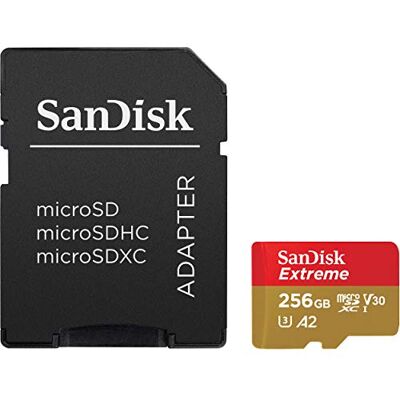 SanDisk Extreme 256 GB MicroSDXC UHS‐I‐Kaart + SD-Adapter (A2 App Performance, 2 Jaar RescuePRO Deluxe Software, Leessnelheden Tot 160 MB/s, Class 10, UHS-I, U3, V30, 30 jaar garantie) SanDisk Extreme 256 GB MicroSDXC UHS‐I‐Kaart + SD-Adapter (A2 App Performance, 2 Jaar RescuePRO Deluxe Software, Leessnelheden Tot 160 MB/s, Class 10, UHS-I, U3, V30, 30 jaar garantie)