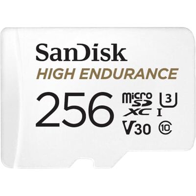 SanDisk High Endurance 256 GB microSDHC-kaart SD-adapter voor thuis- of dashcam-videobewaking tot 100 MB/s lezen en 40 MB/s schrijven, klasse 10, U3, V30 SanDisk High Endurance 256 GB microSDHC-kaart SD-adapter voor thuis- of dashcam-videobewaking tot 100 MB/s lezen en 40 MB/s schrijven, klasse 10, U3, V30