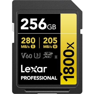 Lexar SDXC Professional 256GB 1800x UHS-II Gold Serie Class 10 U3 V60 voor 4K video-opname, zwart Lexar SDXC Professional 256GB 1800x UHS-II Gold Serie Class 10 U3 V60 voor 4K video-opname, zwart
