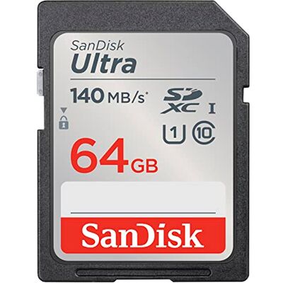 SanDisk 64 GB Ultra SDXC-kaart, tot 140 MB/s, A1-goedgekeurd, UHS-I-kaart, klasse 10, U1 SanDisk 64 GB Ultra SDXC-kaart, tot 140 MB/s, A1-goedgekeurd, UHS-I-kaart, klasse 10, U1