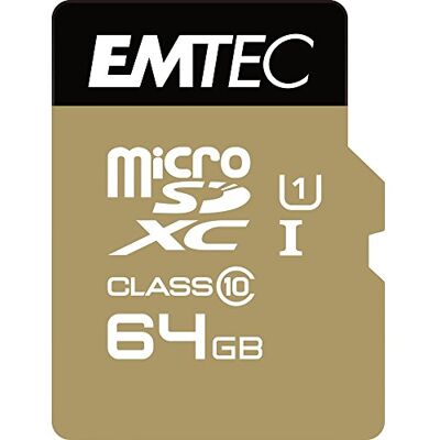 EMTEC ECMSDM64GXC10GP microSD-kaart klasse 10 Elite Gold serie UHS-I U1 met performance-adapter leessnelheid tot 90 MB/s zwart/goud 64 GB EMTEC ECMSDM64GXC10GP microSD-kaart klasse 10 Elite Gold serie UHS-I U1 met performance-adapter leessnelheid tot 90 MB/s zwart/goud 64 GB