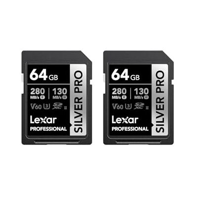 Lexar Silver Pro LSDSIPR064G-B2NAA UHS-II SD-geheugenkaart 2 x 64 GB, V60, U3, C10, tot 280 MB/s lezen, 130 MB/s schrijven, SDXC-kaart voor camera/fotograaf Lexar Silver Pro LSDSIPR064G-B2NAA UHS-II SD-geheugenkaart 2 x 64 GB, V60, U3, C10, tot 280 MB/s lezen, 130 MB/s schrijven, SDXC-kaart voor camera/fotograaf