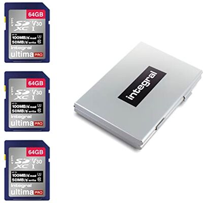 Integral SD-kaart, 64 GB, 3 stuks, 4 K, ultra-HD, hoge snelheid, SDXC V30 UHS-I U3, klasse 10, geheugenkaart tot 100 MB/s, kleur kan variëren Integral SD-kaart, 64 GB, 3 stuks, 4 K, ultra-HD, hoge snelheid, SDXC V30 UHS-I U3, klasse 10, geheugenkaart tot 100 MB/s, kleur kan variëren