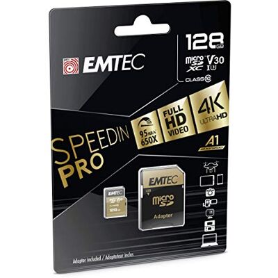 EMTEC MicroSD-kaart UHS-I U3 V30 A1-128 GB, 128 GB ECMSDM128GXC10SP Speedin-serie Met adapter Leessnelheid tot 100 MB/s, 100 MB/s Zwart/Goud EMTEC MicroSD-kaart UHS-I U3 V30 A1-128 GB, 128 GB ECMSDM128GXC10SP Speedin-serie Met adapter Leessnelheid tot 100 MB/s, 100 MB/s Zwart/Goud