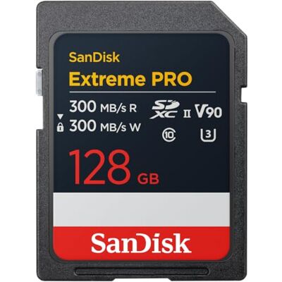 SanDisk Extreme PRO 128 GB SDXC-kaart UHS-II kaart, tot 300 MB/s lezen, 300 Tot 300 MB/s lezen, UHS-II, V90, 8K video, 4K video SanDisk Extreme PRO 128 GB SDXC-kaart UHS-II kaart, tot 300 MB/s lezen, 300 Tot 300 MB/s lezen, UHS-II, V90, 8K video, 4K video
