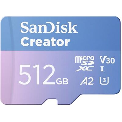 SanDisk Creator microSDXC UHS-I geheugenkaart 512 GB + adapter (voor smartphones, dronecamera's, 5,3K & 4K, A2, C10, V30, U3, tot 190 MB/s overdracht, incl. 3 maanden Adobe Lightroom) SanDisk Creator microSDXC UHS-I geheugenkaart 512 GB + adapter (voor smartphones, dronecamera's, 5,3K & 4K, A2, C10, V30, U3, tot 190 MB/s overdracht, incl. 3 maanden Adobe Lightroom)