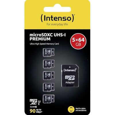 Intenso 5 stuks 64 GB microSD-kaarten microSDXC, klasse 10 UHS-I, tot 90 MB/s met SD-adapter, micro-SD-kaartenset voor smartphone en camera Intenso 5 stuks 64 GB microSD-kaarten microSDXC, klasse 10 UHS-I, tot 90 MB/s met SD-adapter, micro-SD-kaartenset voor smartphone en camera