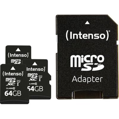 Intenso Premium microSDXC 3 x 64 GB, klasse 10 UHS-I met SD Geheugenkaart voor smartphones en tablets, leessnelheid tot 90 MB/s, Full HD-video, waterdicht Intenso Premium microSDXC 3 x 64 GB, klasse 10 UHS-I met SD Geheugenkaart voor smartphones en tablets, leessnelheid tot 90 MB/s, Full HD-video, waterdicht