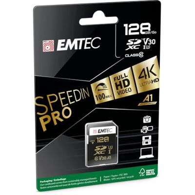 EMTEC ECMSD128GXC10SP SD-kaart, UHS-I U3, klasse 10, Speedin-serie, met Ultra High Performance adapter, leessnelheid tot 95 MB/s, 128 GB EMTEC ECMSD128GXC10SP SD-kaart, UHS-I U3, klasse 10, Speedin-serie, met Ultra High Performance adapter, leessnelheid tot 95 MB/s, 128 GB