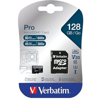 Verbatim Pro U3 Micro SDXC-geheugenkaart met 128 GB adapter voor 4K Ultra HD video-opname, zwart, ideaal voor actiecamera's, camcorders, smartphones en tablets Verbatim Pro U3 Micro SDXC-geheugenkaart met 128 GB adapter voor 4K Ultra HD video-opname, zwart, ideaal voor actiecamera's, camcorders, smartphones en tablets