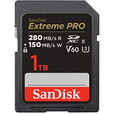 SanDisk 1 TB Extreme PRO, SDXC-kaart tot 280 MB/s UHS-II klasse 10 U3 V60 UHS-II, V60, U3, klasse 10, 4K video SanDisk 1 TB Extreme PRO, SDXC-kaart tot 280 MB/s UHS-II klasse 10 U3 V60 UHS-II, V60, U3, klasse 10, 4K video