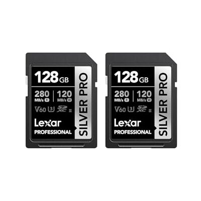 Lexar Silver Pro LSDSIPR128G-B2NAA UHS-II SD-geheugenkaart 2 x 128 GB, V60, U3, C10, tot 280 MB/s lezen/120 MB/s schrijven, SDXC-kaart voor camera/fotograaf Lexar Silver Pro LSDSIPR128G-B2NAA UHS-II SD-geheugenkaart 2 x 128 GB, V60, U3, C10, tot 280 MB/s lezen/120 MB/s schrijven, SDXC-kaart voor camera/fotograaf