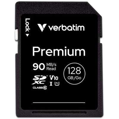 Verbatim Premium SDXC U1 geheugenkaart, 128 GB, SD-kaart voor video-opname in Full HD, kaart met geïntegreerde schrijfbescherming, zwart, voor camera, pc en meer Verbatim Premium SDXC U1 geheugenkaart, 128 GB, SD-kaart voor video-opname in Full HD, kaart met geïntegreerde schrijfbescherming, zwart, voor camera, pc en meer