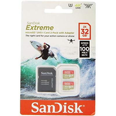 SanDisk Extreme 32 GB microSDhC Memory Card voor actiecamera's en drones met A1-app-prestaties tot 100 MB/s, klasse 10, U3, V30 Twin Pack SanDisk Extreme 32 GB microSDhC Memory Card voor actiecamera's en drones met A1-app-prestaties tot 100 MB/s, klasse 10, U3, V30 Twin Pack