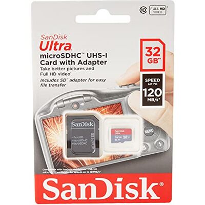 SanDisk Ultra 32 GB microSDHC geheugenkaart + SD-adapter. Leessnelheid tot 120 MB/s, klasse 10, UHS-I, A1-gecertificeerd SanDisk Ultra 32 GB microSDHC geheugenkaart + SD-adapter. Leessnelheid tot 120 MB/s, klasse 10, UHS-I, A1-gecertificeerd