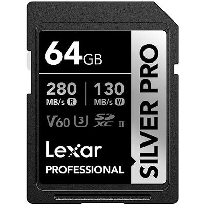 Lexar Silver Pro SD-kaart, 64 GB, SDXC UHS-II, V60, U3, C10, tot 280 MB/s lezen, voor professionele fotograaf, videograaf, liefhebber (LSDSIPR064G-BNNAA) Lexar Silver Pro SD-kaart, 64 GB, SDXC UHS-II, V60, U3, C10, tot 280 MB/s lezen, voor professionele fotograaf, videograaf, liefhebber (LSDSIPR064G-BNNAA)