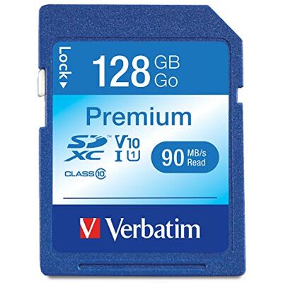 Verbatim Premium SDXC U1 geheugenkaart, 128 GB, SD-kaart voor video-opname in Full HD, kaart met geïntegreerde schrijfbescherming, zwart, voor camera, pc en meer Verbatim Premium SDXC U1 geheugenkaart, 128 GB, SD-kaart voor video-opname in Full HD, kaart met geïntegreerde schrijfbescherming, zwart, voor camera, pc en meer