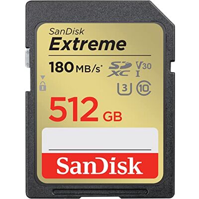 SanDisk 512 GB Extreme SDXC kort, tot 180 MB/s + RescuePro Deluxe, UHS-I, Kort 10, U3 V30 SanDisk 512 GB Extreme SDXC kort, tot 180 MB/s + RescuePro Deluxe, UHS-I, Kort 10, U3 V30