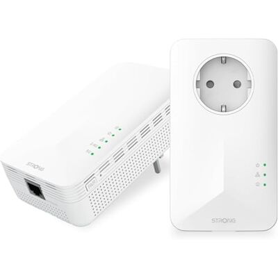 Strong AV1000 Powerline adapterset met stopcontact, dual-band wifi AC1200 Mbit/s, HomePlug AV2 Powerline Ethernet Extension, Gigabit LAN-poorten, plug & play, energiebesparende modus Strong AV1000 Powerline adapterset met stopcontact, dual-band wifi AC1200 Mbit/s, HomePlug AV2 Powerline Ethernet Extension, Gigabit LAN-poorten, plug & play, energiebesparende modus