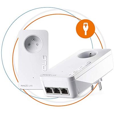 Devolo Magic 2 LAN Triple: Starter Kit CPL, 3 Ethernet-poorten, ideaal voor Smart TV, PC en gameconsoles, Franse stekker Devolo Magic 2 LAN Triple: Starter Kit CPL, 3 Ethernet-poorten, ideaal voor Smart TV, PC en gameconsoles, Franse stekker
