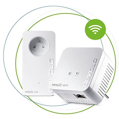 Devolo Magic 1 Wifi 4 (n) Mini Starter Kit: 2 x WiFi Powerline Adapter (1200 Mbit/s, 2 x Fast Ethernet-poorten), ideaal voor thuiswerk, gaming, streaming, Frans stopcontact Devolo Magic 1 Wifi 4 (n) Mini Starter Kit: 2 x WiFi Powerline Adapter (1200 Mbit/s, 2 x Fast Ethernet-poorten), ideaal voor thuiswerk, gaming, streaming, Frans stopcontact