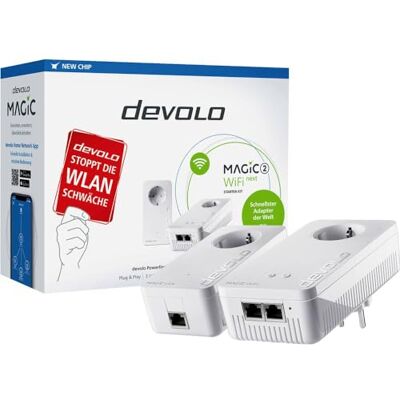 Devolo Magic 2 WiFi Next Starter Kit voor draadloos netwerk High Speed LAN via stroomdraden (2400 Mbps, 3 LAN-aansluitingen, G.hn-technologie) Devolo Magic 2 WiFi Next Starter Kit voor draadloos netwerk High Speed LAN via stroomdraden (2400 Mbps, 3 LAN-aansluitingen, G.hn-technologie)
