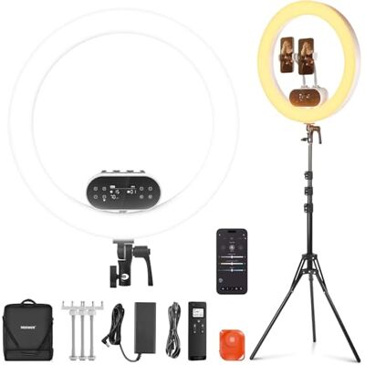 NEEWER 19" 100W High Power LED Ring met statief, RH100B 3 telefoonhouders voor iPhone, 2900-7000K, CRI97+, app&2,4G-bediening, selfie-verlichting, video, make-up en streaming NEEWER 19" 100W High Power LED Ring met statief, RH100B 3 telefoonhouders voor iPhone, 2900-7000K, CRI97+, app&2,4G-bediening, selfie-verlichting, video, make-up en streaming