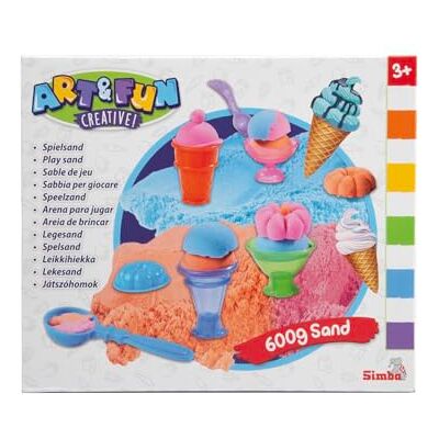 Simba Art and Fun 106344623 speelzandset voor ijs, 3 x 200 g zand, platform, 4 bekers, vorm, lepel, 1 x maatbeker, roller, mes, vanaf 3 jaar, meerkleurig Simba Art and Fun 106344623 speelzandset voor ijs, 3 x 200 g zand, platform, 4 bekers, vorm, lepel, 1 x maatbeker, roller, mes, vanaf 3 jaar, meerkleurig