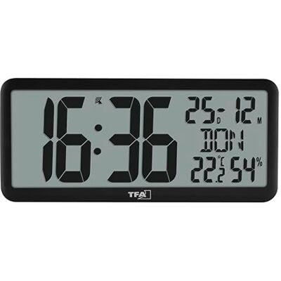 TFA Dostmann Digitale wandklok met cijfers XXL 60.4525, klok met temperatuur en luchtvochtigheid binnenshuis, met kalender, perfect voor kantoor, senioren, keuken, klok TFA Dostmann Digitale wandklok met cijfers XXL 60.4525, klok met temperatuur en luchtvochtigheid binnenshuis, met kalender, perfect voor kantoor, senioren, keuken, klok