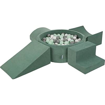 KiddyMoon Velvet Foam Speeltuin Met Rond Ballenbad Voor Kinderen Zwembad (300 ballen), Bosgroen: Wit/Grijs/Mint KiddyMoon Velvet Foam Speeltuin Met Rond Ballenbad Voor Kinderen Zwembad (300 ballen), Bosgroen: Wit/Grijs/Mint