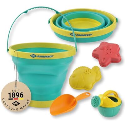 Schildkröt Zandspeelset "Bucket Crew" opvouwbare emmer van 2 liter, schep, 2 vormen, gieter speelgoed vanaf 18 maanden incl. opbergtas Schildkröt Zandspeelset "Bucket Crew" opvouwbare emmer van 2 liter, schep, 2 vormen, gieter speelgoed vanaf 18 maanden incl. opbergtas