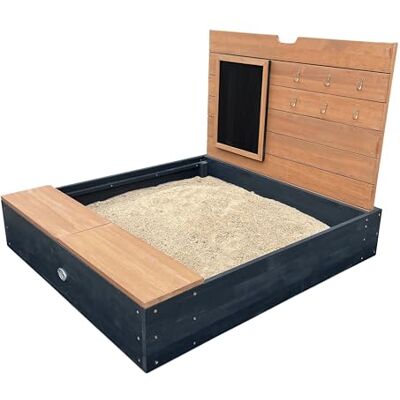 AXI Mandy Houten zandbak met bank, opbergruimte, deksel en schoolbord 100 x 90 cm zandbak in antraciet en bruin met vloermat AXI Mandy Houten zandbak met bank, opbergruimte, deksel en schoolbord 100 x 90 cm zandbak in antraciet en bruin met vloermat