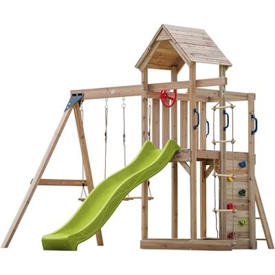 AXI Moos Speelplaats van hout met 2 schommels, touwladder, limoengroene glijbaan, speelplaats voor buiten, schommels/zandbak/klimmuur, schommelveranda/houten spelen buiten AXI Moos Speelplaats van hout met 2 schommels, touwladder, limoengroene glijbaan, speelplaats voor buiten, schommels/zandbak/klimmuur, schommelveranda/houten spelen buiten