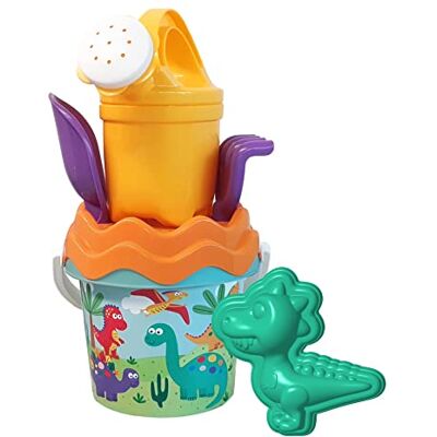 Simba Dino Baby 107114603 Zandemmer 6 stuks, emmer, zeef, zandvorm, schep, hark, schenktuit, 11 cm, diameter 14 cm, vanaf 10 maanden Simba Dino Baby 107114603 Zandemmer 6 stuks, emmer, zeef, zandvorm, schep, hark, schenktuit, 11 cm, diameter 14 cm, vanaf 10 maanden